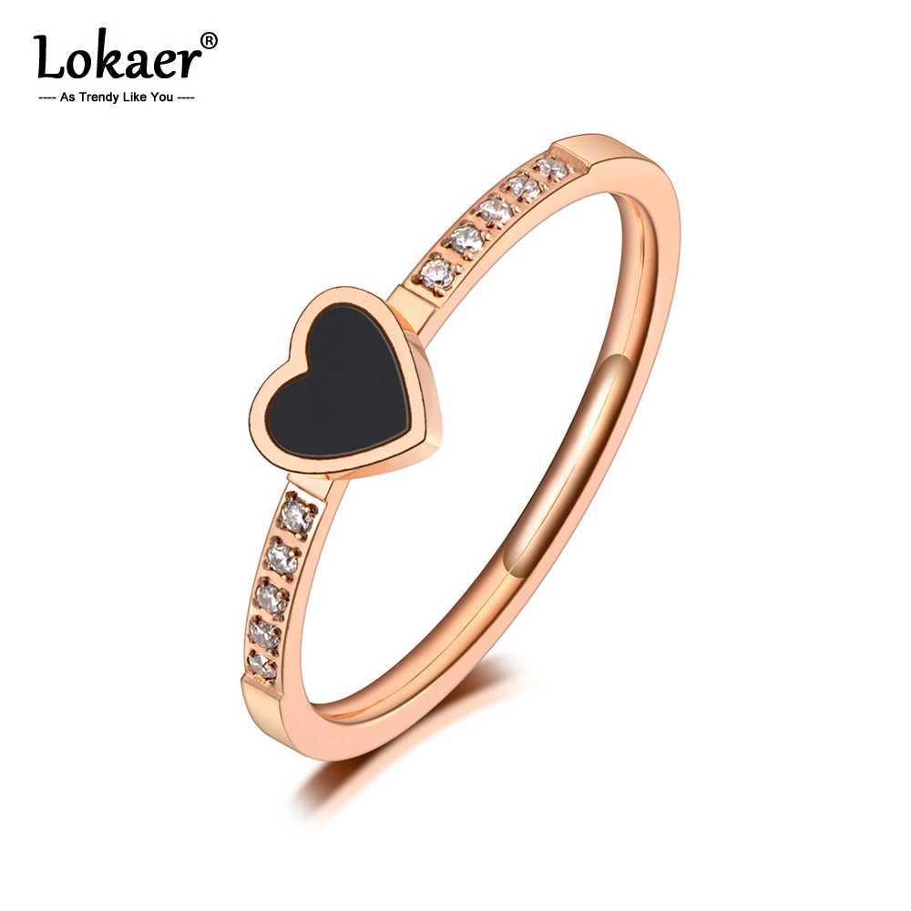 Lokaer Trendy Titanium Stainless Steel Black Acrylic Love Heart Rings CZ Crystal Heart Engagement Ring For Women Girls R20027