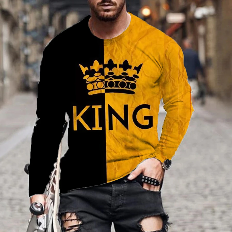 New men's autumn and spring loose casual fashion round neck fashion color matching KING printing long-sleeved T-shirt