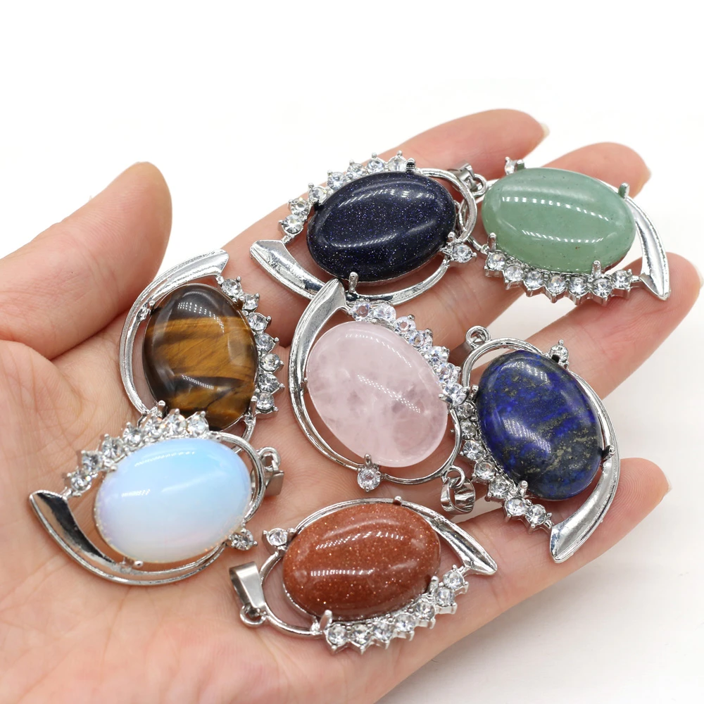 New Natural Stone Pendant Oval Shape Metal Alloy Crystal Pendant for Making Jewelry Necklace Bracelet Accessories Size 25x40mm