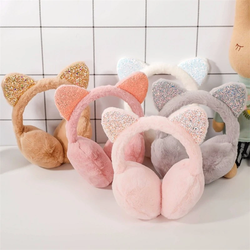 New Lovely Winter Warm Cat Ear Warmers Glitter Ears Plush Earmuffs For Women Playful Girls Ear Muffs Cold Protection Warm Hot