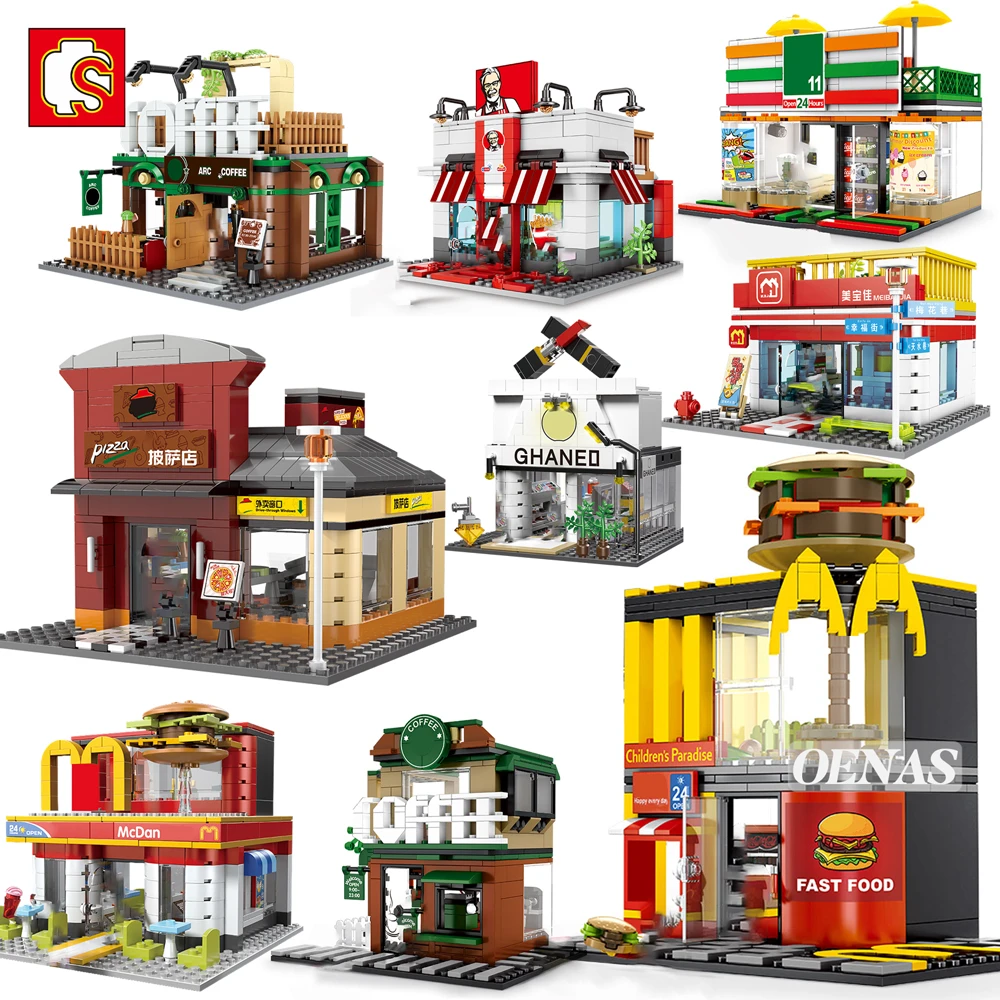 SEMBO City Street View Coffee Ice Cream Burger Shop MC Fast Food Store House Model Building Block Educationanl Toy Birthday Gift