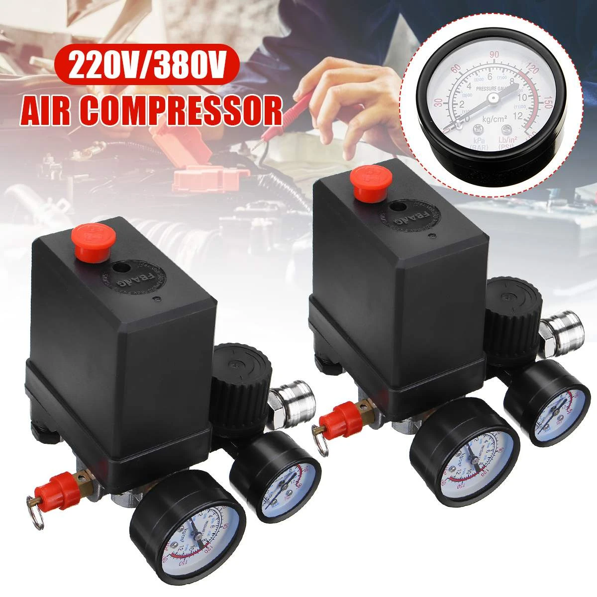 Efficient 240V/380V 4 Port Regulator Duty Air Compressor Pump Pressure Control Switch Air Pump Control Valve 0-180PSI With Gauge