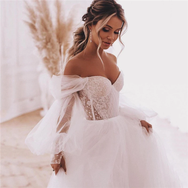 Fairy Boho Wedding Dresses Detachable Long Puff Sleeve Bride Dress Vintage Lace Beach Wedding Gowns Plus Size Corset Back Sweet