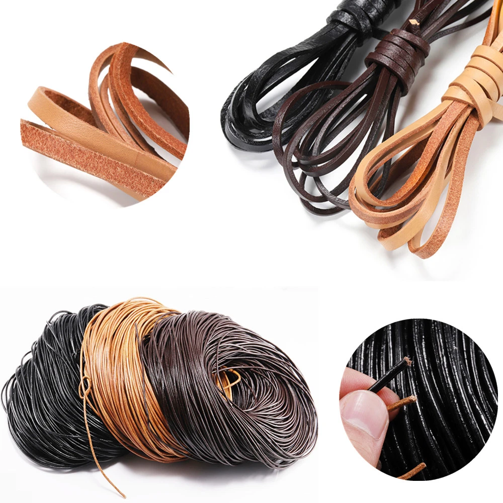 2/5 Meters Retro Genuine Leather Cord 1.5-10mm Round/Flat Strand Cow Leather Rope String Fit Necklace Bracelets DIY Jewelry Tool