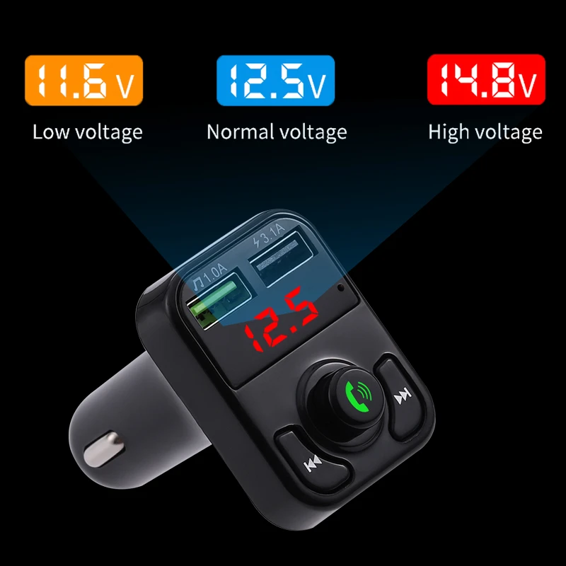 Bluetooth 5.0 Handsfree Car Kit FM Transmitter Wireless Audio Receiver Auto MP3 Player Dual USB Fast Charger Digital Voltmeter D