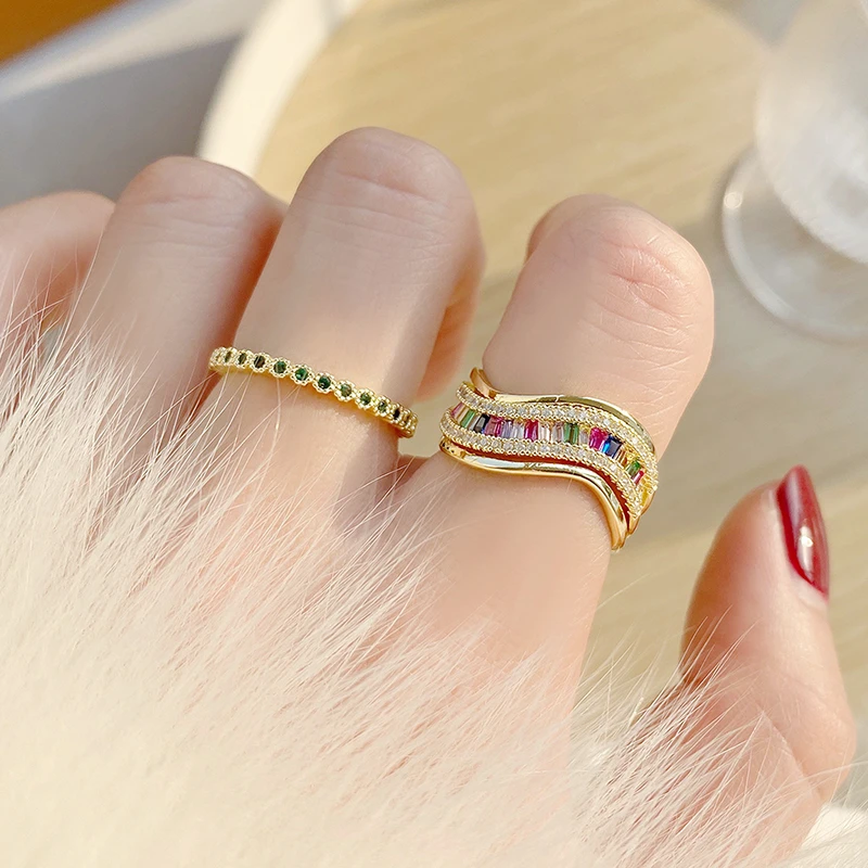 Irregular Geometry Colorful Rhinestone Zircon Ring for Women Luxury 14K Real Gold Plated AAA Zirconia Feminia Bijoux Pendant