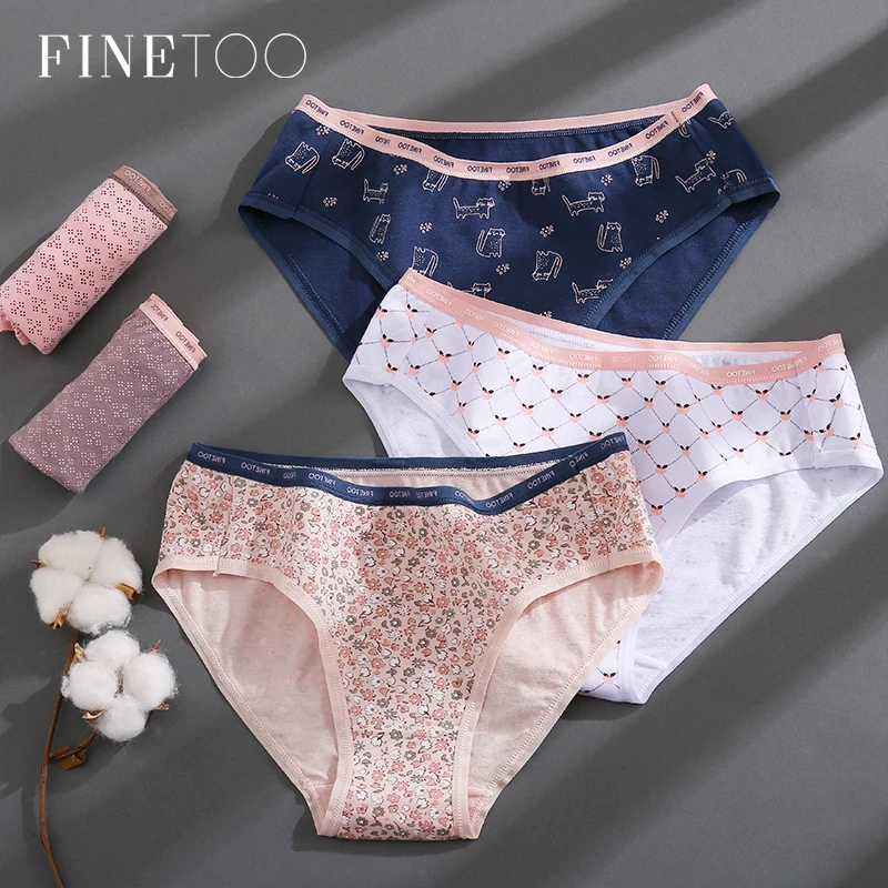 FINETOO Women 1Pc/2Pcs Cotton Panties Female Print Briefs Sexy Low-Rise Underpants Girls Cute Plus Size M-2XL Intimates Lingerie