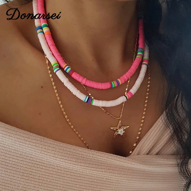 Donarsei 2020 New Fashion 6mm Soft Pottery Choker Necklace For Women Bohemian Adjustable Colorful Clay Collar Necklace Gift