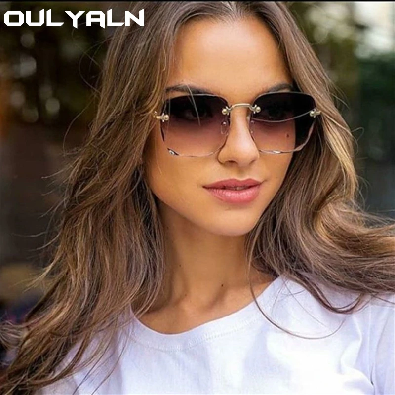 Oulylan Women Rimless Sunglasses Luxury Square Sun Glasses Female Fashion Oversized Eyewear Pink Gradient Shades Goggles UV400