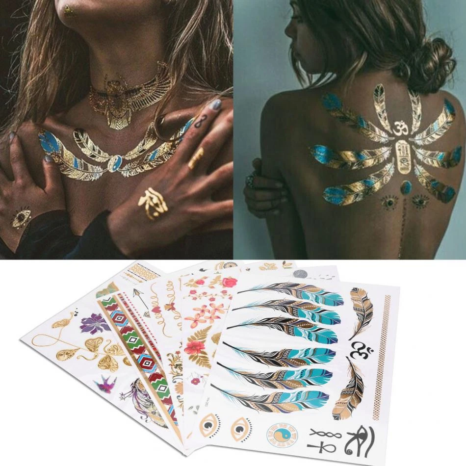 5pcs Mixed Metallic  Flash Tattoos Sticker Golden Silver Colorful Pattern Temporary Disposable Tattoo Body Art Stickers Decal