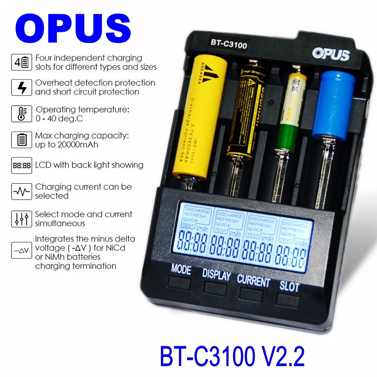 Opus BT-C3100 V2.2 Digital Intelligent 4 Slots LCD Battery Charger For Li-ion NiCd NiMH AA AAA 10440 14500 18650 17335 17500 Rec