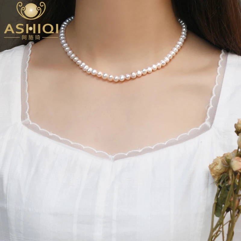 ASHIQI 6-7mm Natural freshwater pearl Chokers necklace 925 sterling silver jewelry for women gift 2021 trend new fashion