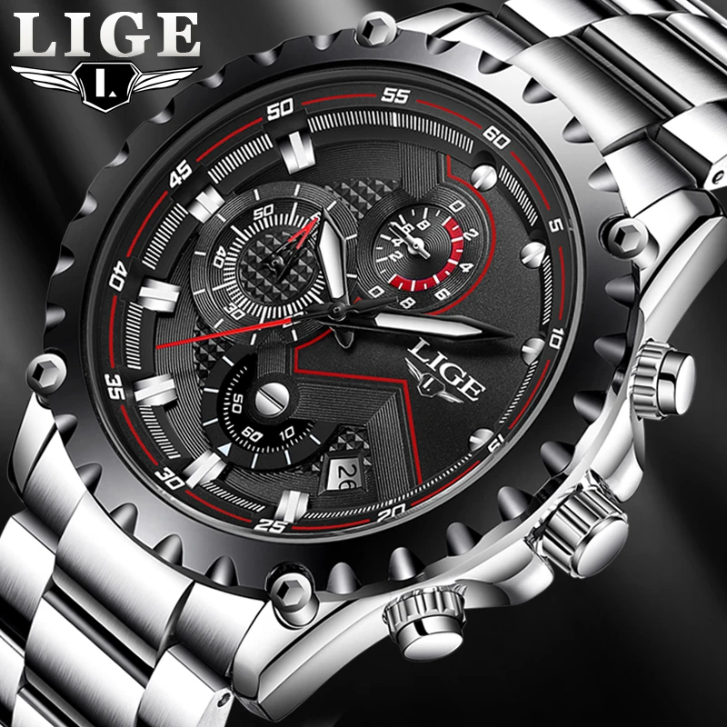 2021 LIGE Fashion Mens Watches Top Luxury Brand Silver Stainless Steel 30m Waterproof Quartz Watch Men Army Military Chronograph