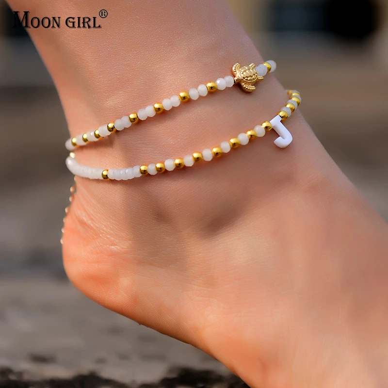 Double Layers Bracelet on the Leg Summer Custom Letter Anklets for Women Crystal Turtle Boho Beach Chains Foot Bracelet Jewelry