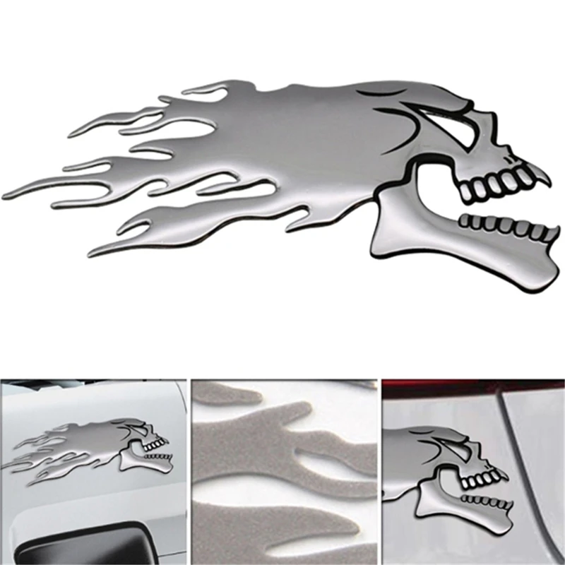 2Pcs/Pair 3D Silver Chrome Ghost Skull Head Auto Motorcycle Car Sticker Car Styling Decoration Decals
