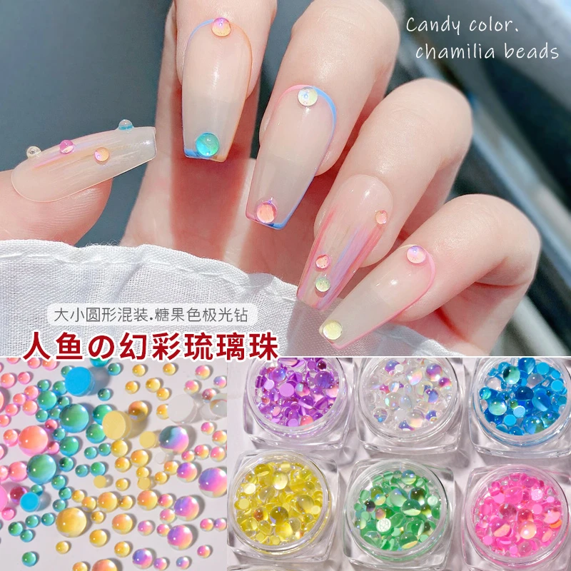 Candy Colors Mixed Size Mermaid Round Glass Crystal Beads AB 3D Nail Art Rhinestones DIY Flatback Acrylic Stones  Decorations