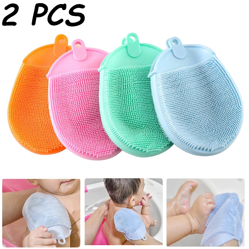 2Pcs Silicone Massage Bath Brush with Hook Soft Exfoliating Gloves Baby Showers Cleaning Mud Dirt Remover Scrub Showers Bubble