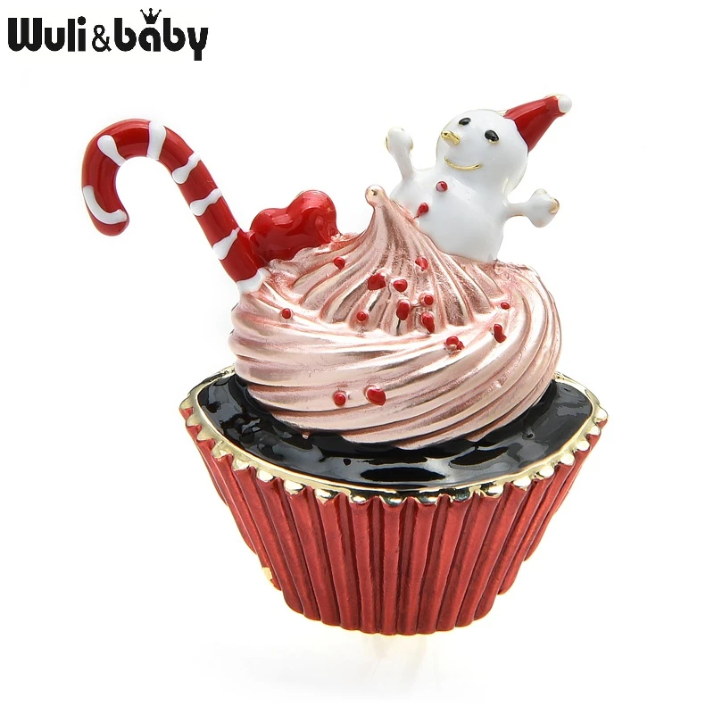 Wuli&baby Christmas Cup Cake Brooches New Year Enamel Snowman Dessert Brooch Pins Gifts