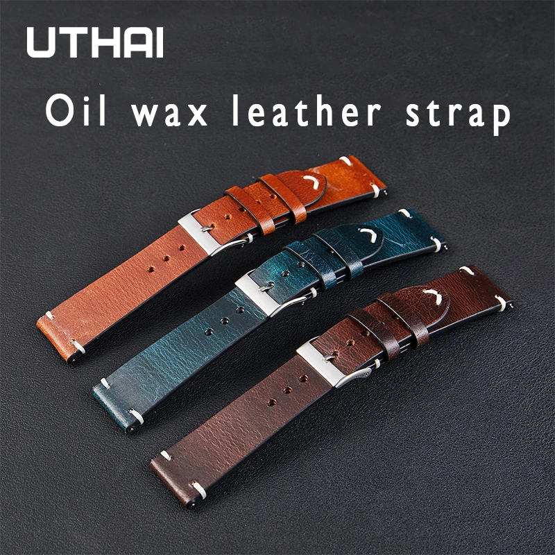 UTHAI F07 Smart Watch Leather Strap Watchbands Retro Oil Wax Brown Ultra Thin Bracelet Belt Cowhide Waterproof Soft 22mm 20mm