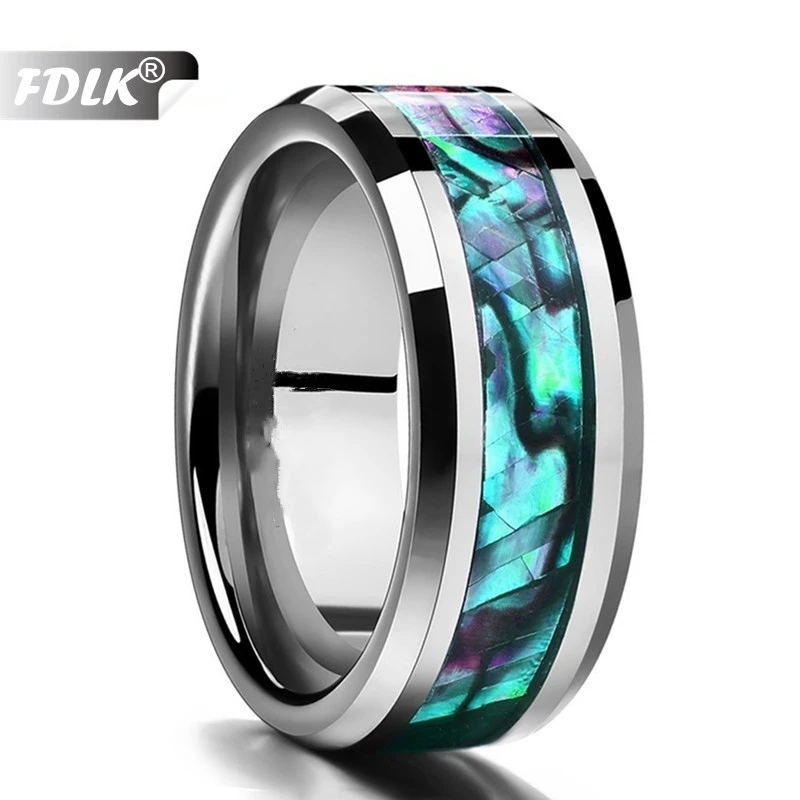 FDLK    Fine Jewelry 8MM Inlaid Abalone Shell Beveled Steel Stainless Steel Ring Wedding Jewelry US Size 6 7 8 9 10 11 12 13