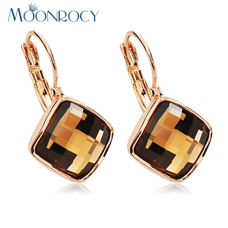 MOONROCY Rose Gold Color Brown Blue Green Purple Red Square Crystal Earrings Geometry for Women Gift Drop Shipping Wholesale
