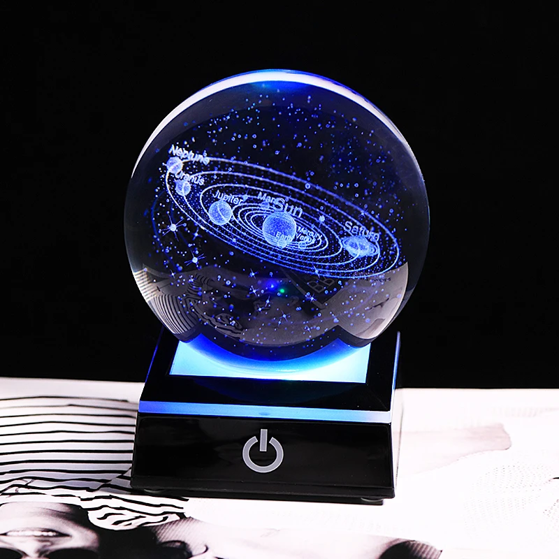 New 80mm K9 Crystal Solar System Planet Globe 3D Laser Engraved Sun System Ball with Touch Switch LED Light Base Astronomy Gifts