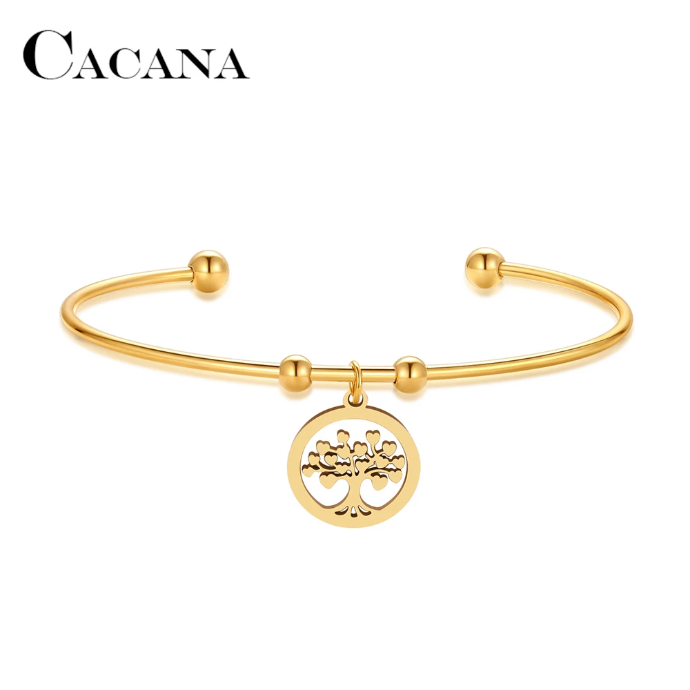 CACANA 316L Stainless Steel Open Bracelet Gold Color Heart of Life Tree Simple Trendy Jewelry For Women Wedding Party Gifts