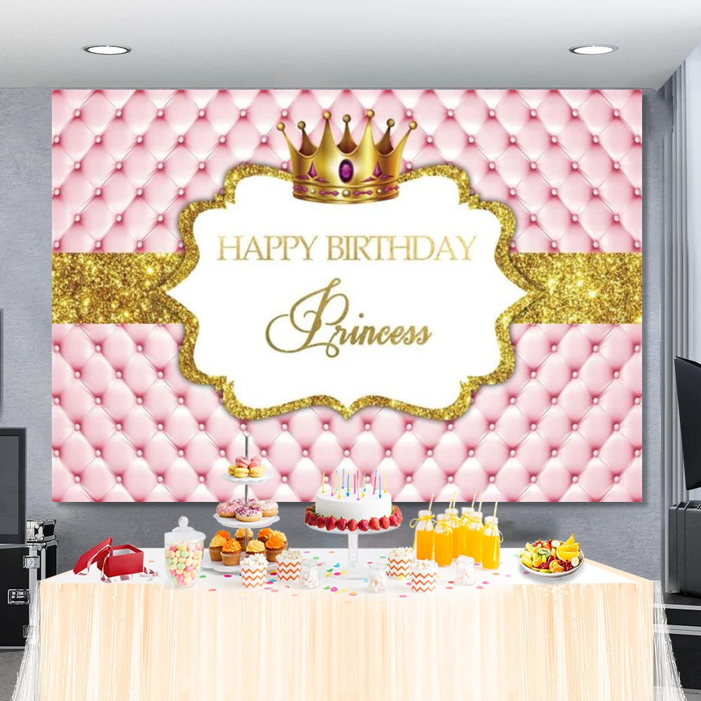 Princess Pink Backdrop Photography Gold Crown Headboard Sofa Happy Birthday Party Poster Portrait Photo Background Photo Studio