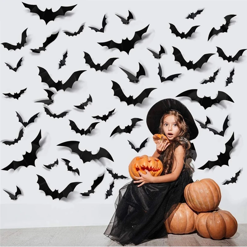 12/24/48pcs Halloween Decoration 3D Black Bat Halloween Party DIY Bar Room Decor Party Scary Props Wall Sticker