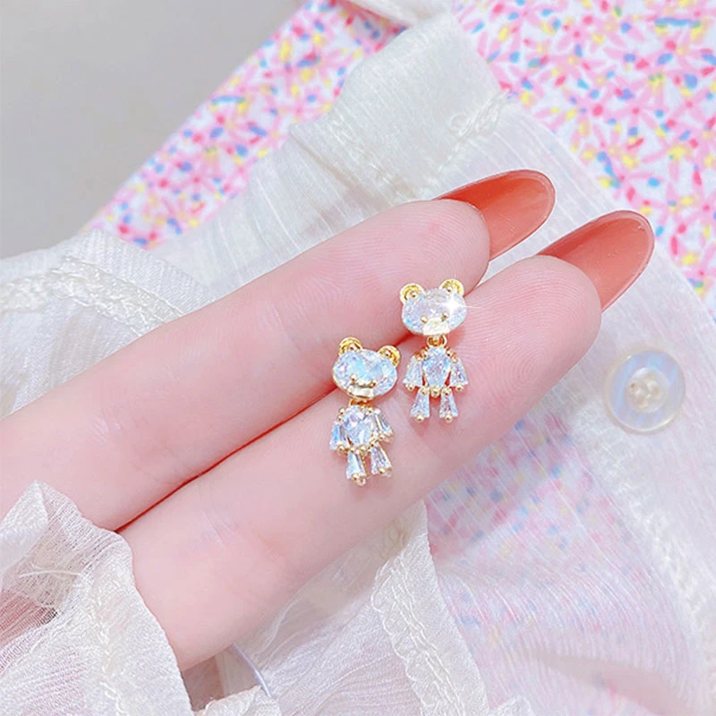 JUWANG Exquisite Shine Bling AAA Zircon Bear Earrings Cute Sweet Luxury Inlay 18K Real Gold Romantic For Women Earrings Pendant