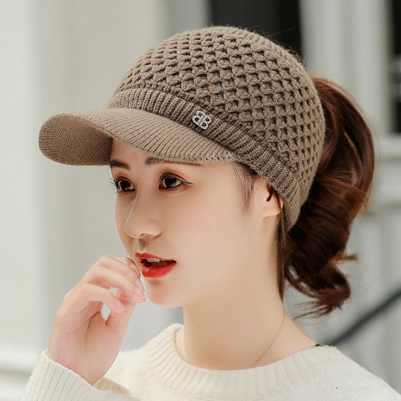 Baseball Caps Women Hats Winter Thick Warm Twist Knit Hats Female Fall Fleece High Ponytail Hat Visor Gorros Beanies Winter Hats