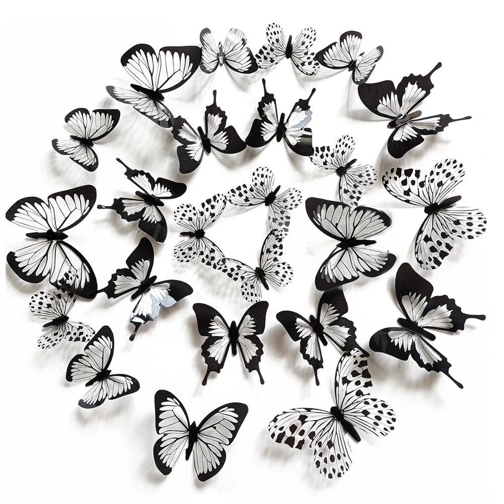 24 pcs/set Black white 3D butterfly Wall Sticker Wedding Decoration bedroom living room Home Decor Butterflies Decals stickers