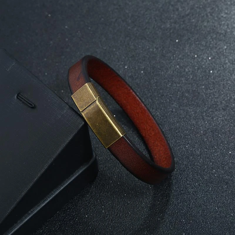 Jiayiqi 2021 New Men Jewelry Brown Leather Bracelet for Men Stainless Steel Magnetic Clasp Fashion 18.5/20.5/22.5cm Bangles Gift