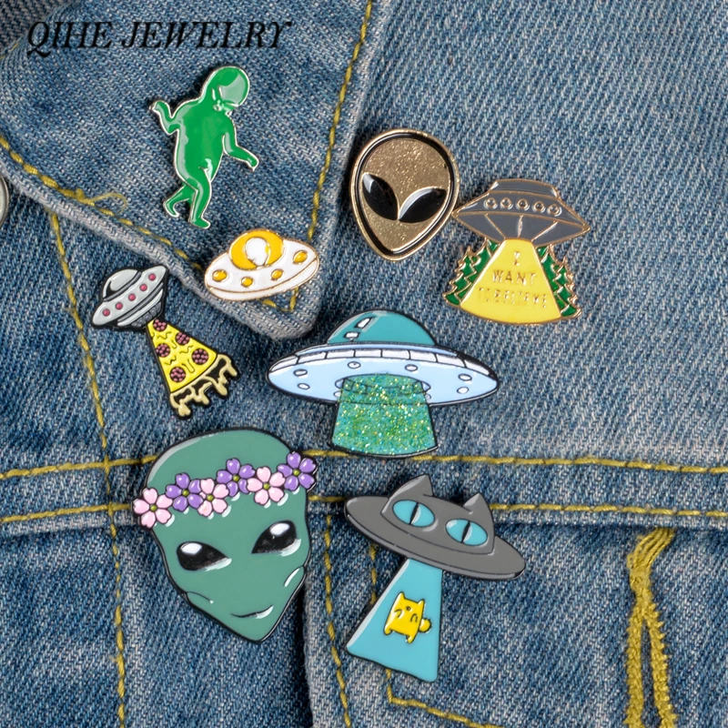 QIHE JEWELRY Alien Enamel Pins Collection Outer Space Lapel pins Green Alien Badges Brooches for Geeks/Him/Her