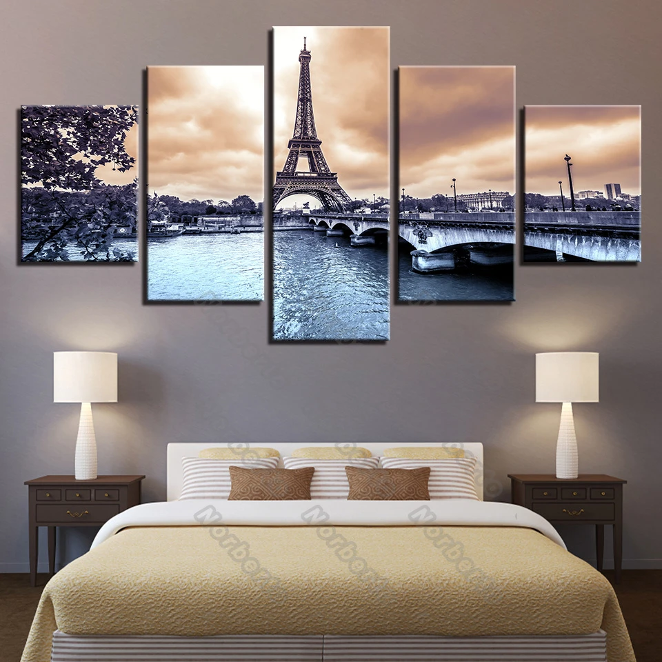 Canvas Painting Wall Poster Eiffel Tower Sunset and Bridge Modern Beautiful Scenery City Pictures for Home Rooms Wall Decoratio