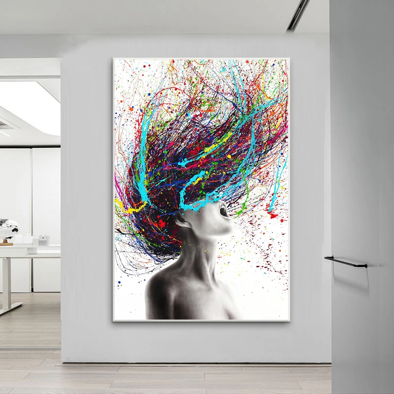 Modern Abstract Wall Art Colored Hair Woman Canvas Painting Figure Posters And Prints Hanging Pictures For Living Room Decor