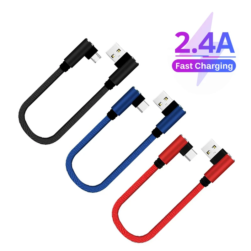 25cm USB to Type C Short Charging Cable Elbow 90 Degree USB C Micro USB Cable 2.4A Fast Charging Cord For Samsung Huawei Xiaomi