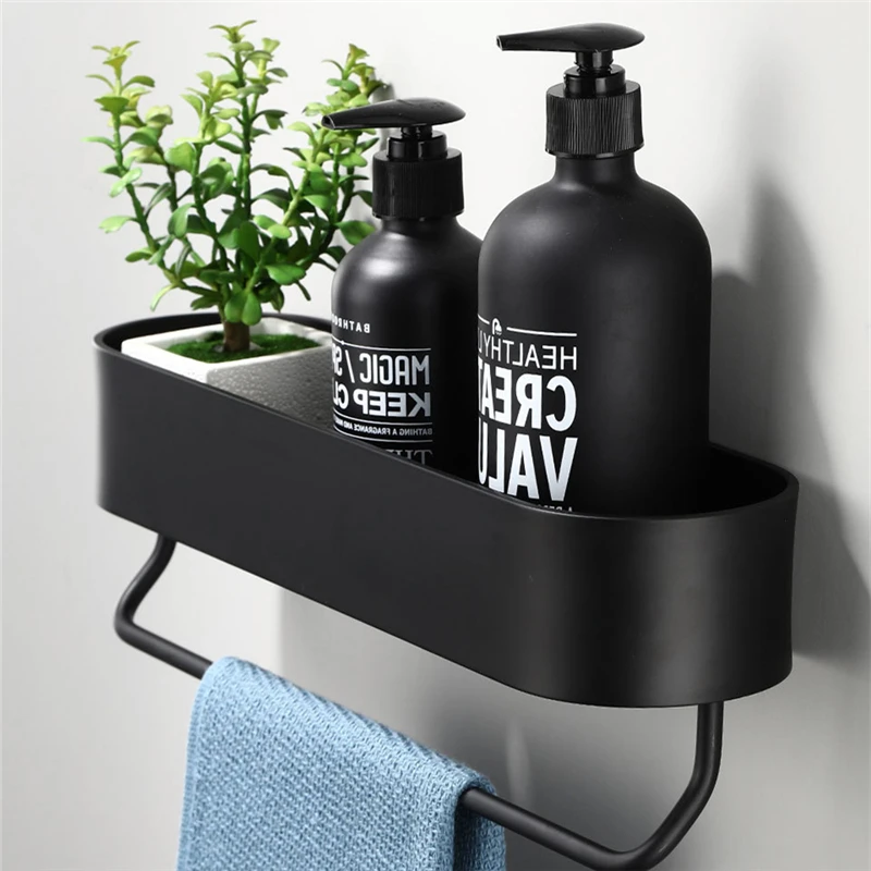 Space aluminum Black Bathroom Shelves Kitchen Wall Shelf Shower Storage Rack Towel Bar Bathroom Accessories 30-50 cm Length