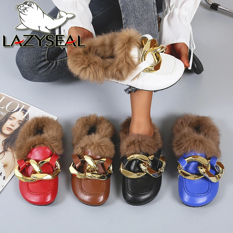 LazySeal Winter Real Fur Metal Chain Mules Women Shoes Loafers Round Toe Casual Shoes Women Furry Slides Fluffy Hairy Flip Flops