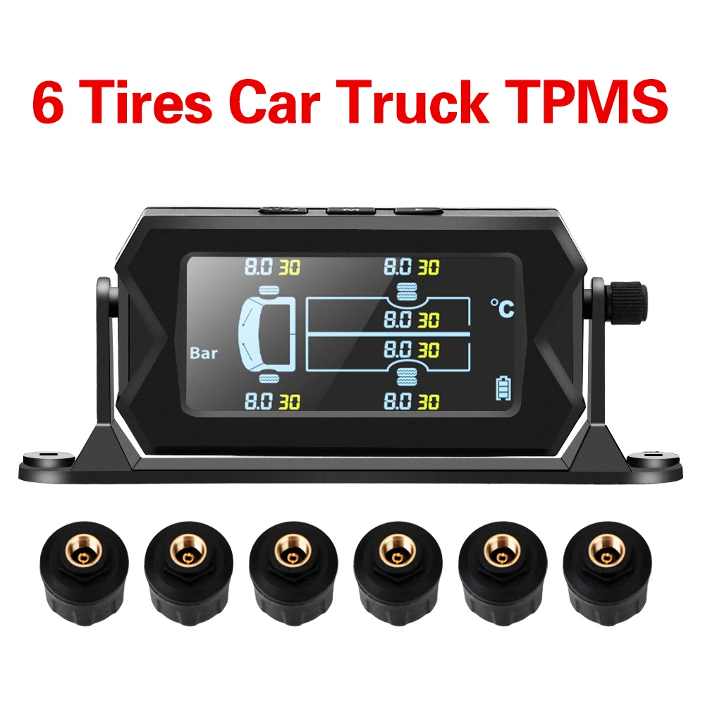 Car RV Truck TPMS With 6 External Sensors Wireless Digital LCD Alarm Tire Pressure Monitoring System Solar Power & USB Charging