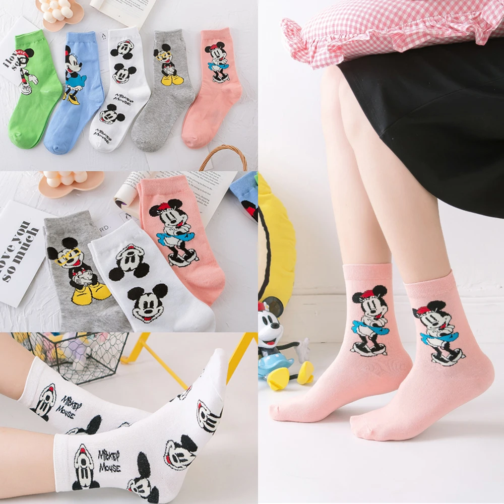 10 Pieces = 5 Pairs Disney Women Socks Mickey Minnie Mouse Cotton Girls Fashion Cute Medium Socks Anime Autumn Sock