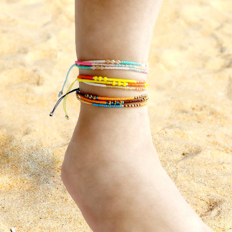 Bohemian Seed Bead Beach Charm Ankle Bracelet Fashion Rainbow Adjustable Anklet Foot Jewelry Ocean Gift For Women