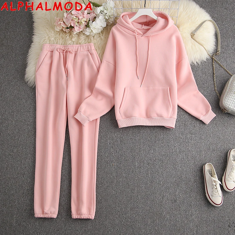 ALPHALMODA New Winter Hooded Sweatshirt Pants 2pcs Set Seasonal Trendy Thickened Warm Fleece Tracksuits Trousers Set Candy Colo