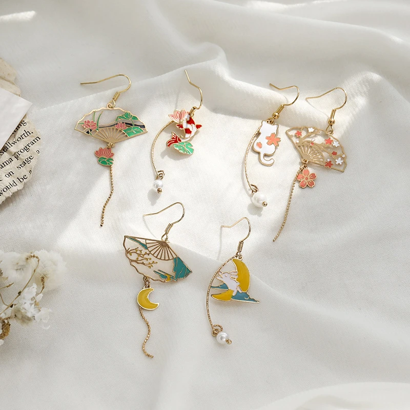 Women's Asymmetrical Star Moon Cat Rabbit Drop Earrings Chinese Style Folding Fan Crane Earrings Charm Jewelry 2021 New Trend