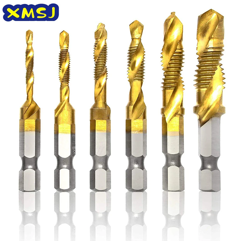 Titanium Plated Hex Shank HSS Screw Thread Metric Tap Drill Bits Screw Machine Compound M3 M4 M5 M6 M8 M10 Hand Tools