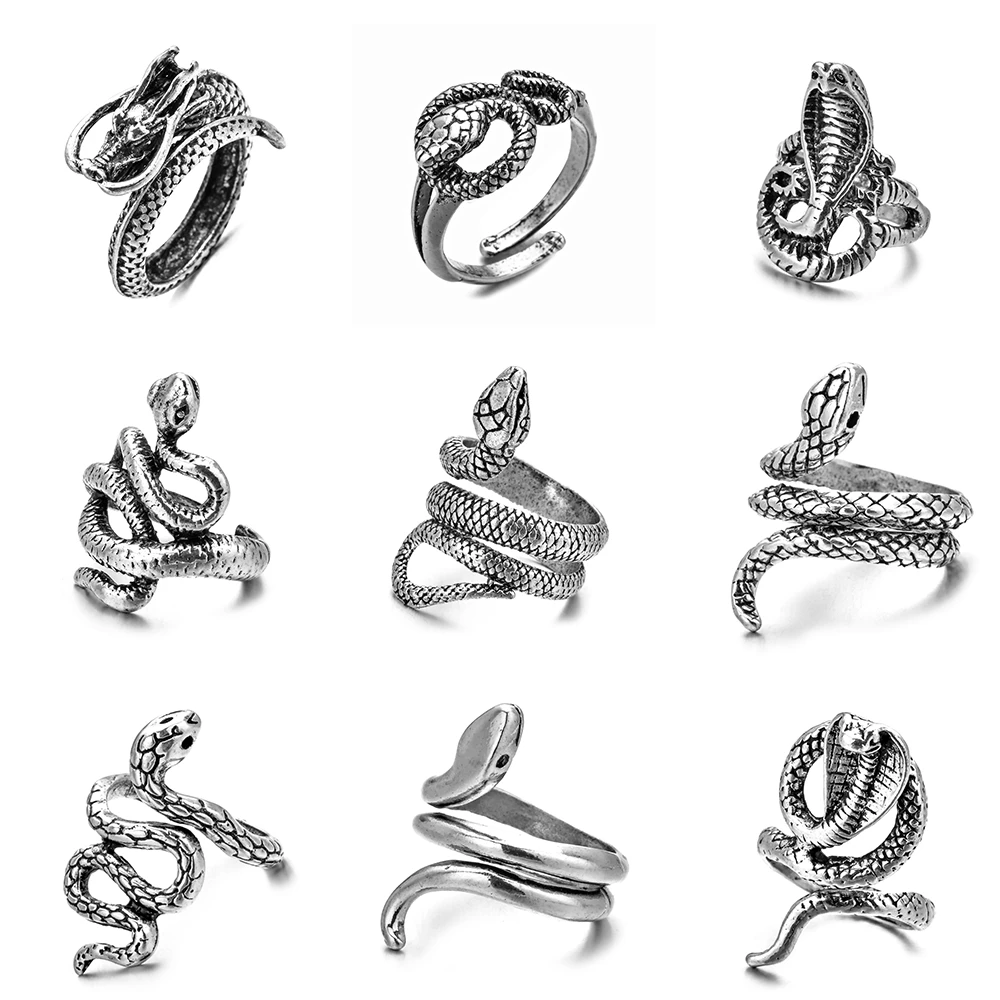 Retro Punk Snake Ring for Men Women Exaggerated Antique Silver Color Opening Adjustable Rings Anillo Hombre Bijoux