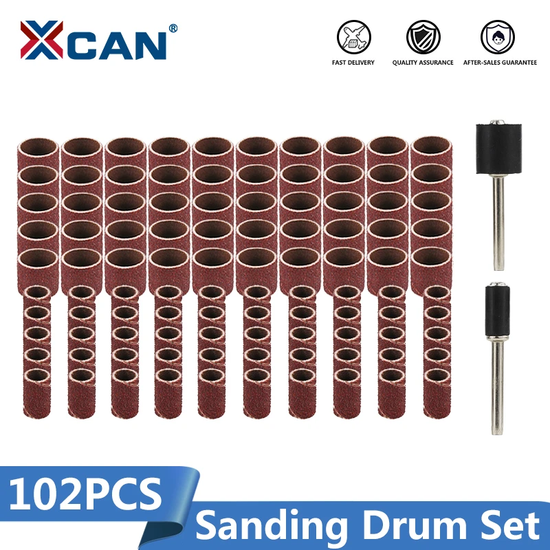 XCAN 80# Sanding Bands 102pcs/Set 1/4 1/2 Inch Sanding Drum Set With 3.175mm Shank Mandrels For Dremel Tools Accessories