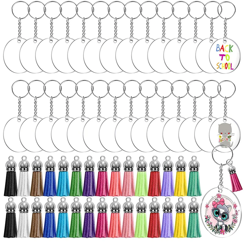 1 set Acrylic Clear Circle Blanks Keychain Tassels Set Acrylic Circle Keyring Tassels Jump Rings For Jewelry DIY Keychains