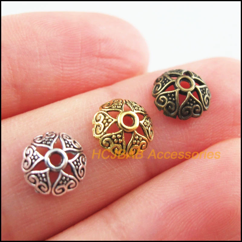 100Pcs Retro Tibetan Silver Antiqued Bronze Gold Color Heart Flower Spacer End Beads Charms 8mm