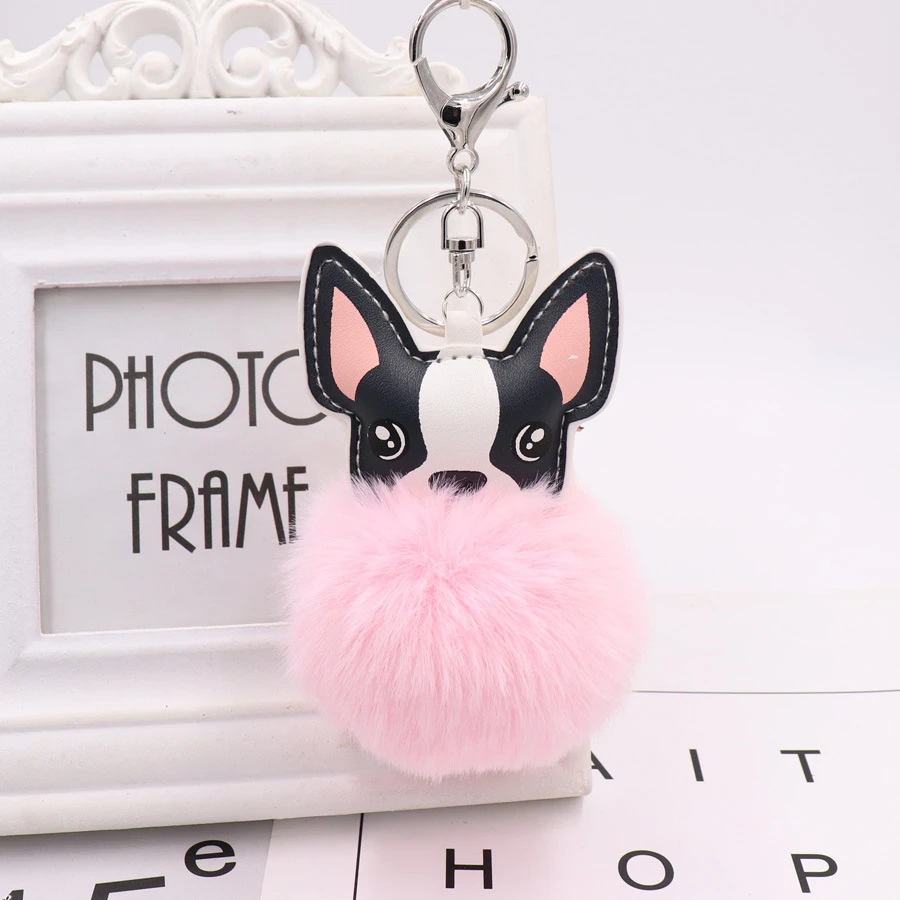 Fluffy Rabbit Fur Ball French Bulldog Keychain Pompom Key Chain Pu Leather Animal Dog Keyring Holder Bag Charm Trinket Chaveiros